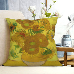 short-pile plush polyester pillow cover with yellow sunflowers in a vase, shown on a cream sofa
