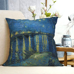 short-pile plush polyester pillow cover with blue starry night reflected on water, shown on a cream sofa