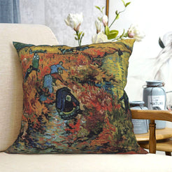 short-pile plush polyester pillow cover with figures working in a warm-toned field, shown on a cream sofa