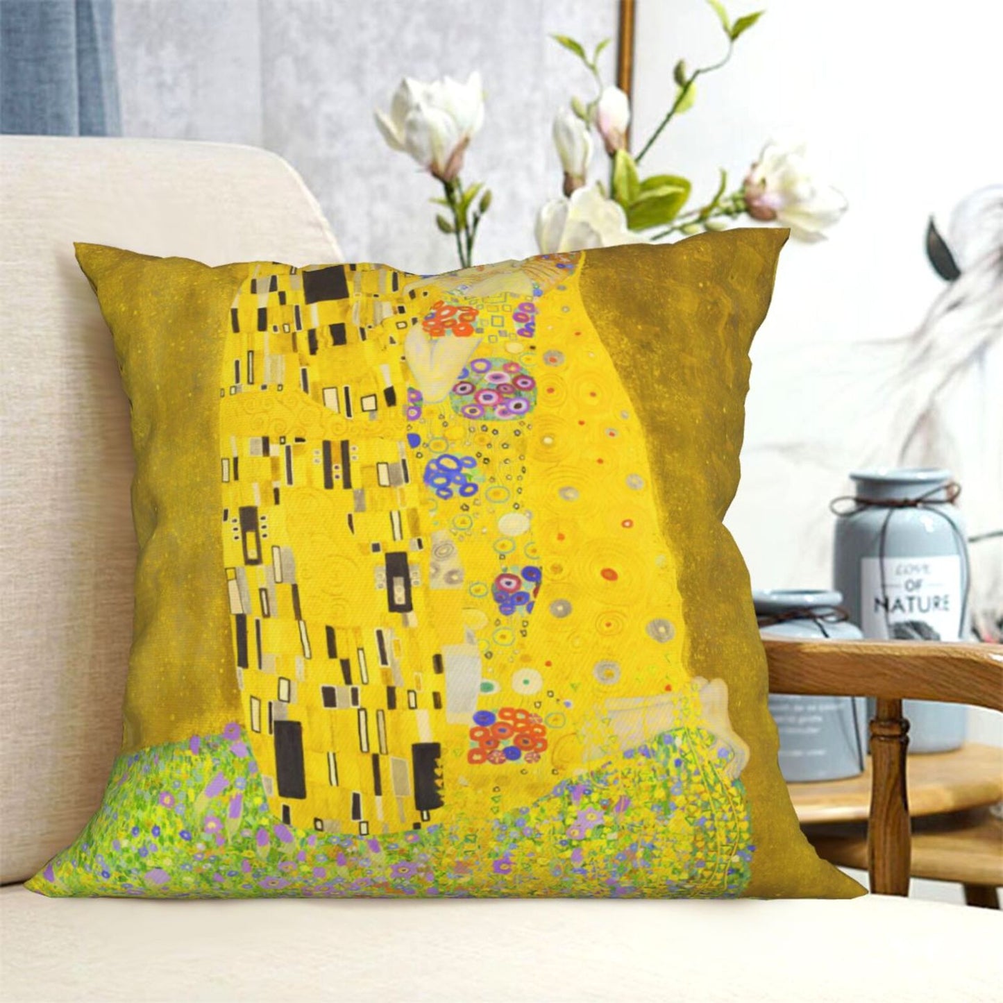 Gustav Klimt Pillow Covers Set of 4 Painting The Kiss Cushion Covers for Sofa Couch Bed 18x18 Inches