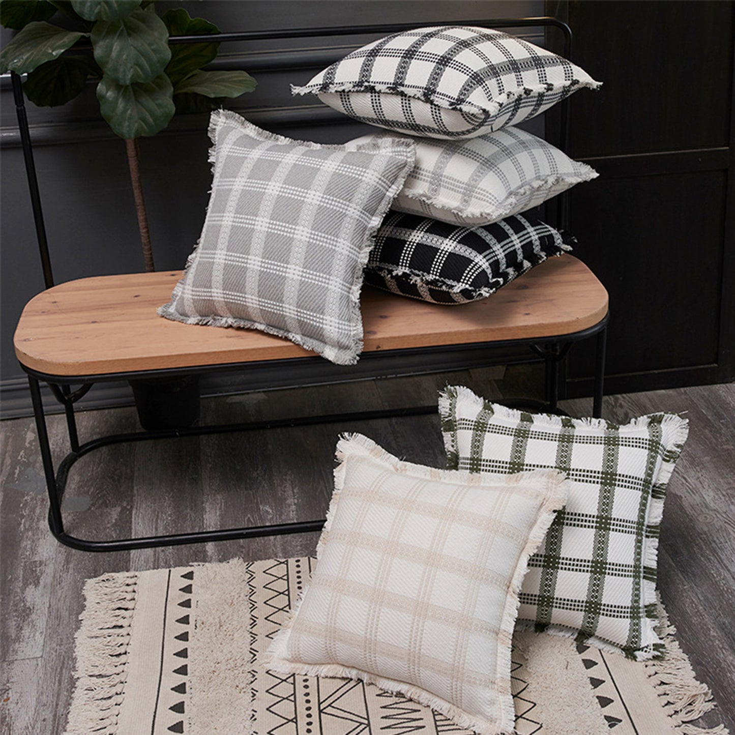 Neutral Plaid Pillow Covers 18x18 inch Set of 2 Tassel Decorative Cushion Covers