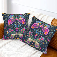Folk butterfly velvet pillow cover with navy symmetrical butterflies and flowers, shown without an insert