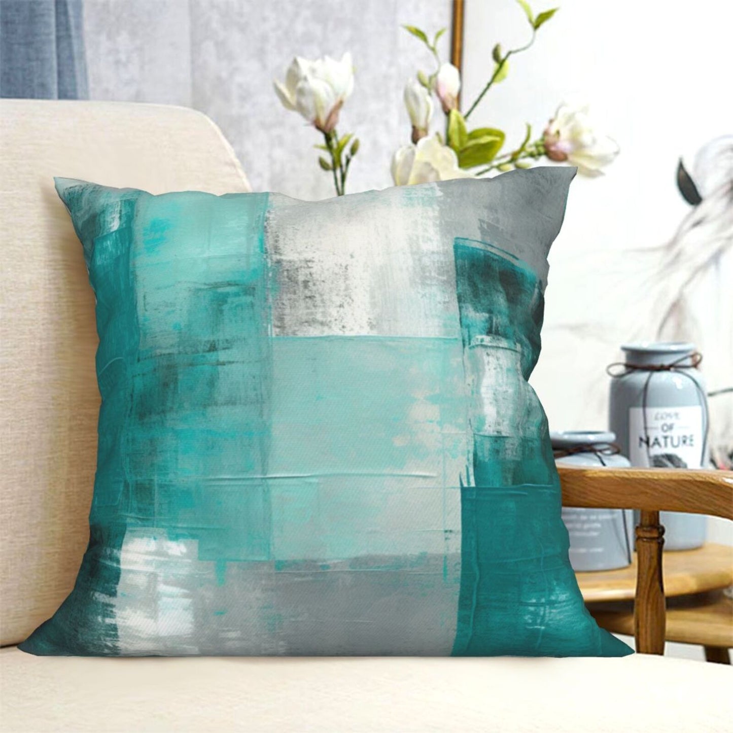 Teal Grey Throw Pillow Covers 18x18 inch Set of 4 Turquoise Abstract Cushion Covers for Sofa Couch