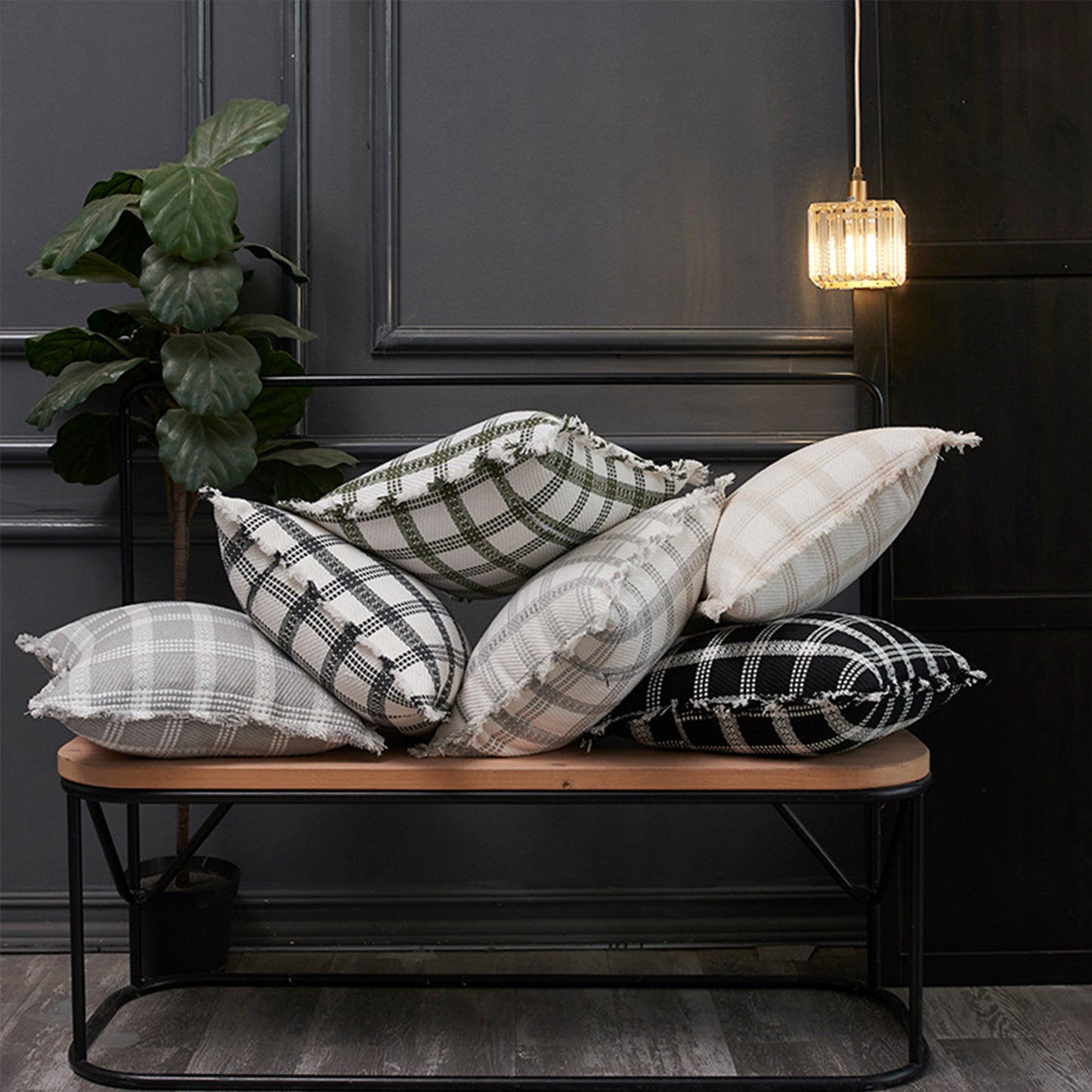 Neutral Plaid Pillow Covers 18x18 inch Set of 2 Tassel Decorative Cushion Covers