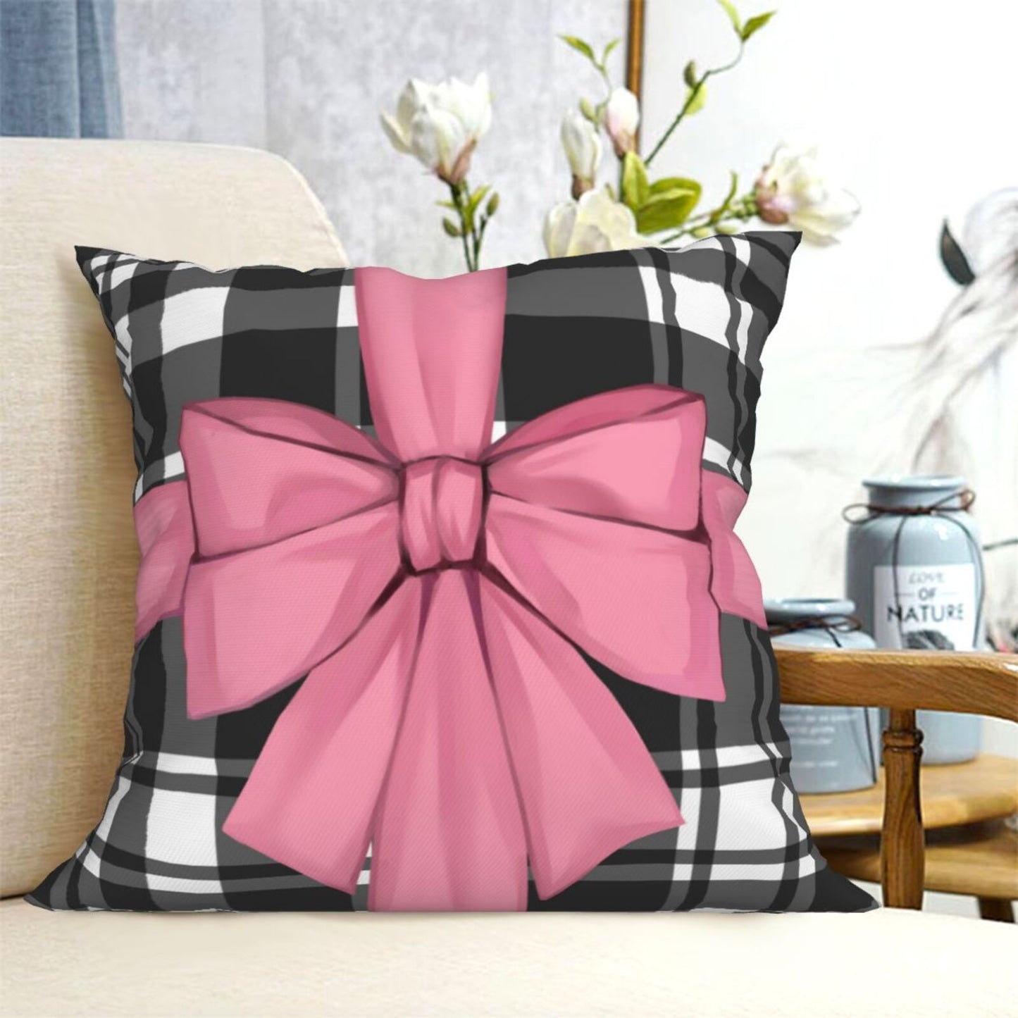 Valentine's Day Throw Pillow Covers 18x18 inch Set of 4 Pink Heart Bowknot Cushion Covers for Sofa Couch