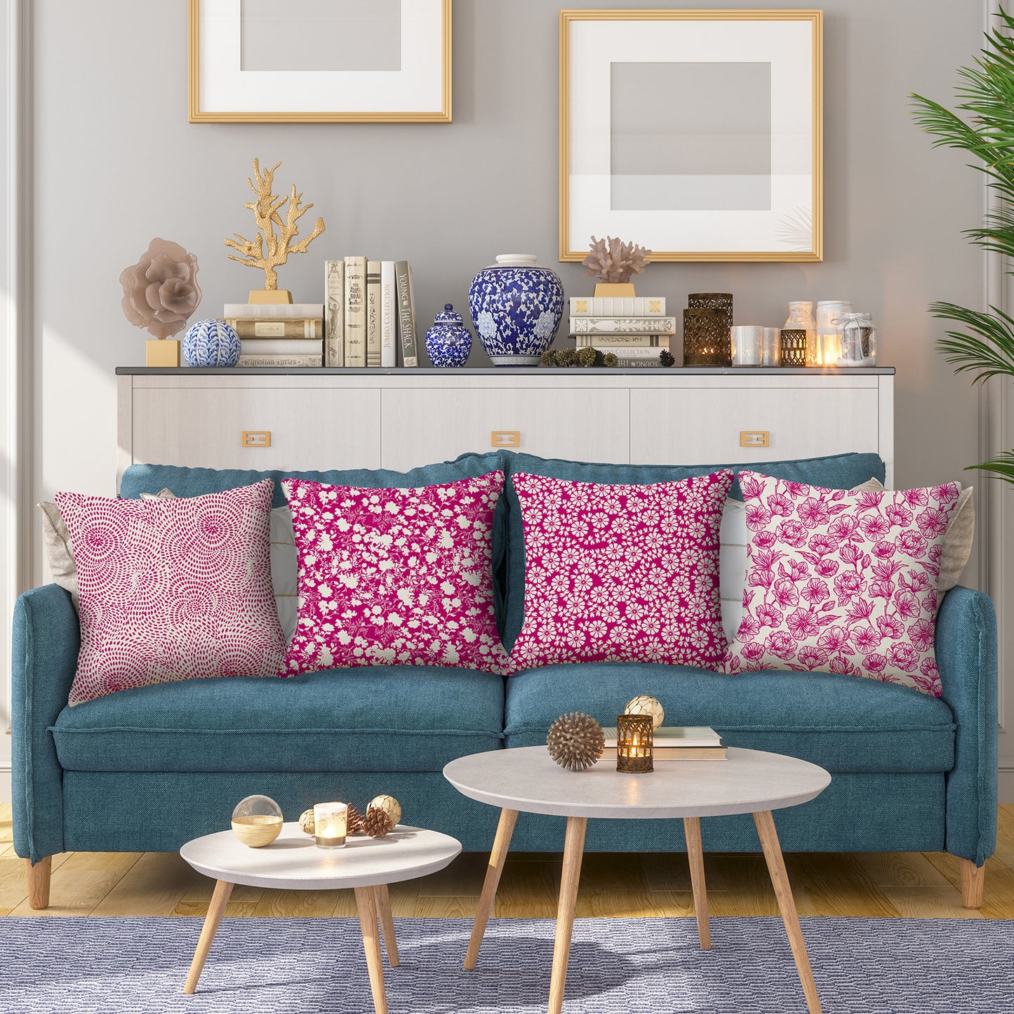 HOSTECCO Floral Throw Pillow Covers 18x18 inch Set of 4 Rustic Flower Pillow Cases Pink Color Dot Decorative Cushion Covers for Sofa Couch