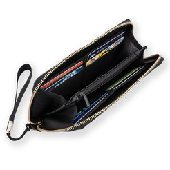Open custom photo wallet showing card slots and zip compartments