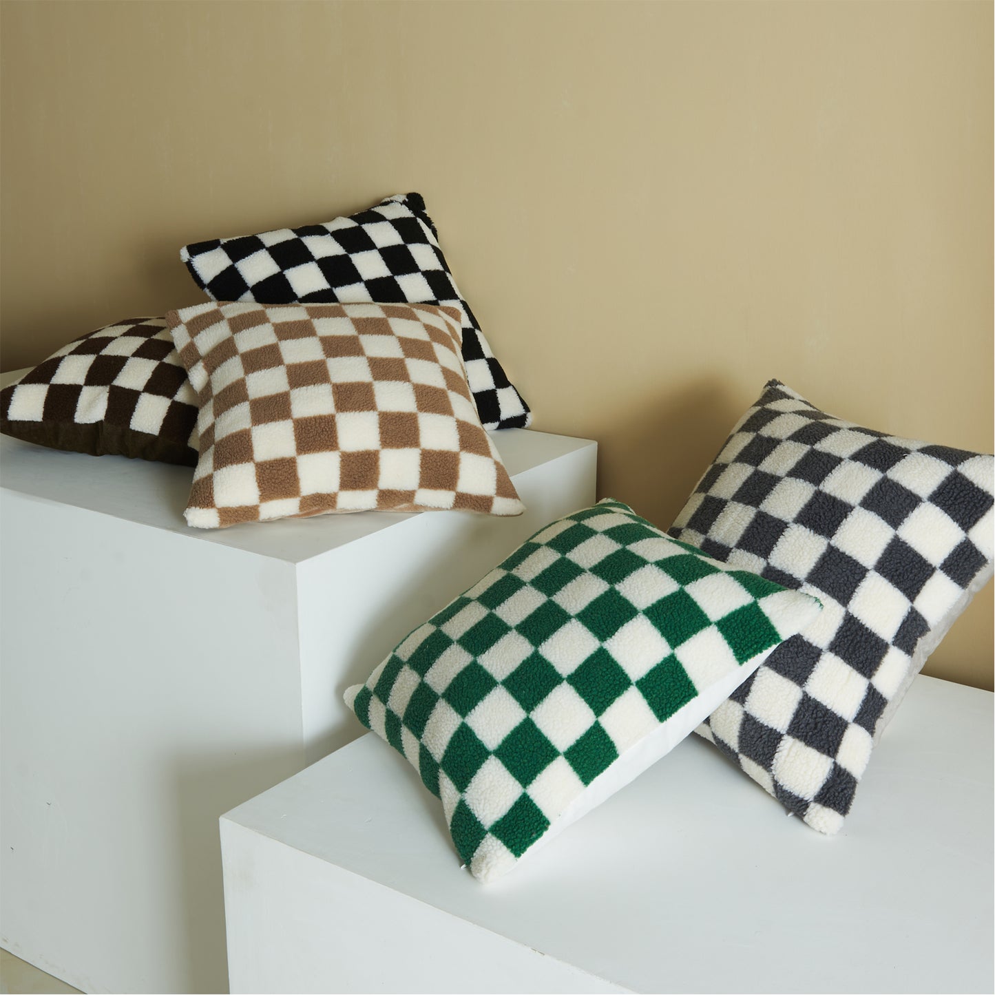 Checkerboard Pillow Covers Set of 2 Faux Fur Cushion Covers for Sofa Bed
