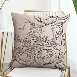 Short-pile plush polyester pillow cover with mummy with pumpkins and haunted house, styled on a gold chair