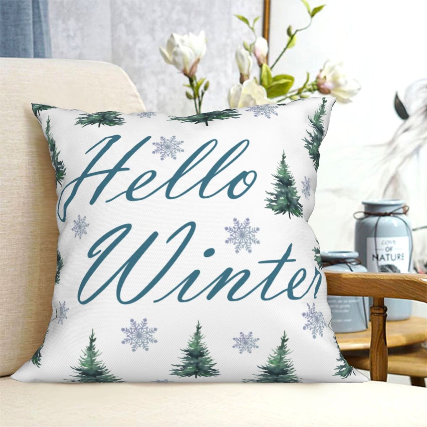 Winter Throw Pillow Covers 18x18 inch Set of 4 Snowflake Tree Cushion Covers for Sofa Living Room