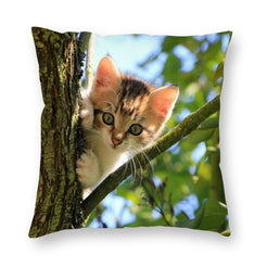 Custom photo pillow cover example printed with a kitten climbing a tree