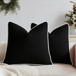 Set of two velvet pillow covers with black velvet with white piping