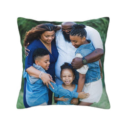 Custom family photo pillow cover on a white background