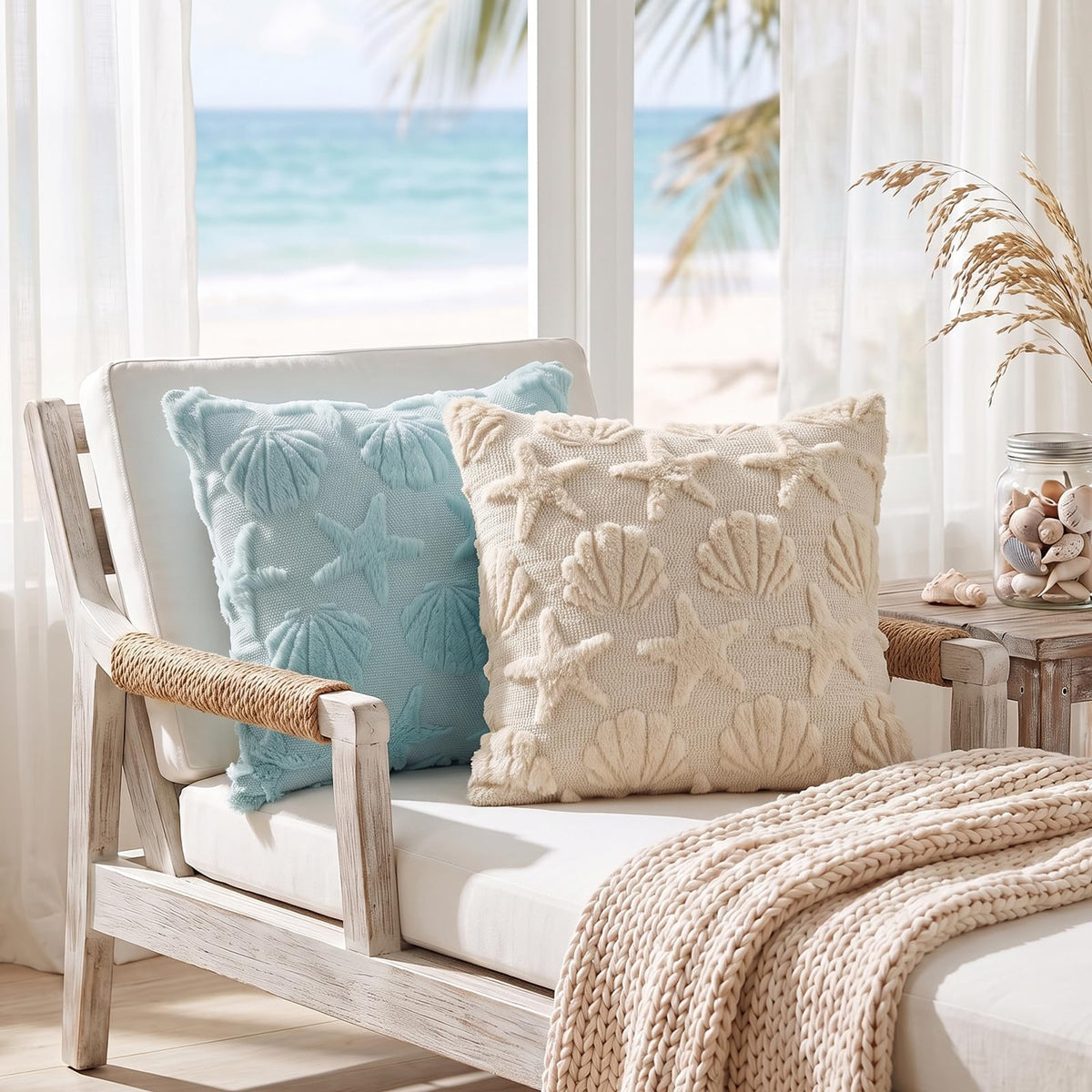 Blue Coastal pillow covers with textured seashell and starfish pattern