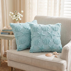 Light blue seashell and starfish pillow cover design