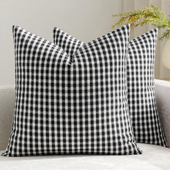 Set of two water-resistant linen-look polyester pillow covers with black and white gingham