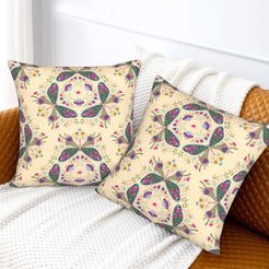 Folk butterfly velvet pillow covers with beige circular butterfly motifs, styled on a sofa