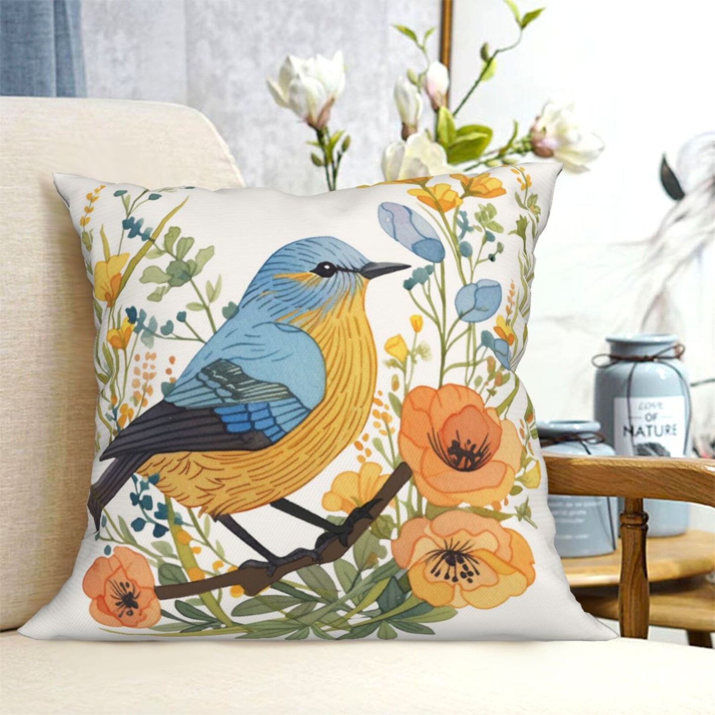 Bird Floral Throw Pillow Covers 18x18 inch Set of 4 Farmhouse Decorative Cushion Covers for Sofa Couch