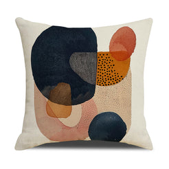 Linen-look polyester pillow cover with overlapping navy, rust and blush circles, shown on white