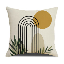 Linen-look polyester pillow cover with black arch, mustard sun and green leaves, shown on white