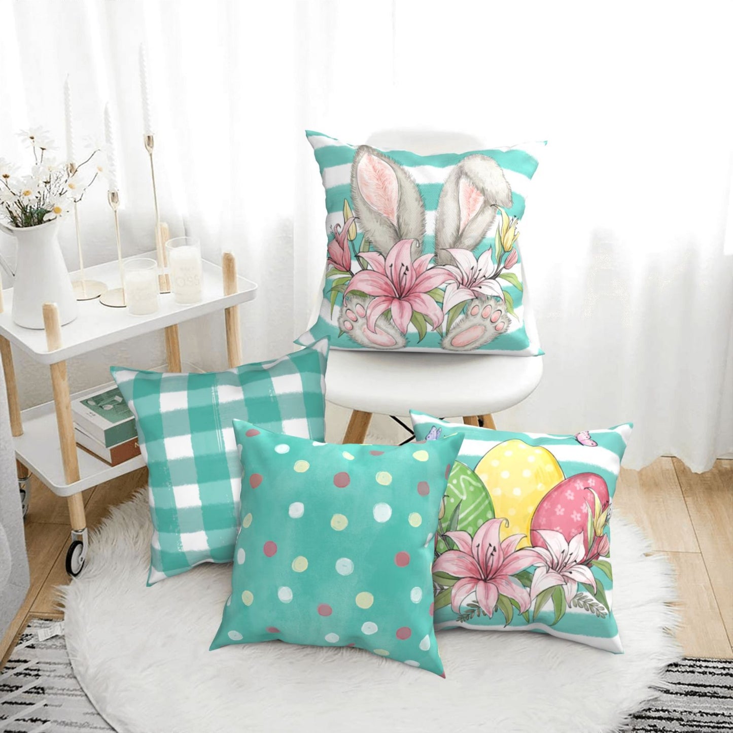 Easter Throw Pillow Covers 18x18 inch Set of 4 Buffalo Plaid Rabbit Egg Cushion Covers for Sofa Couch