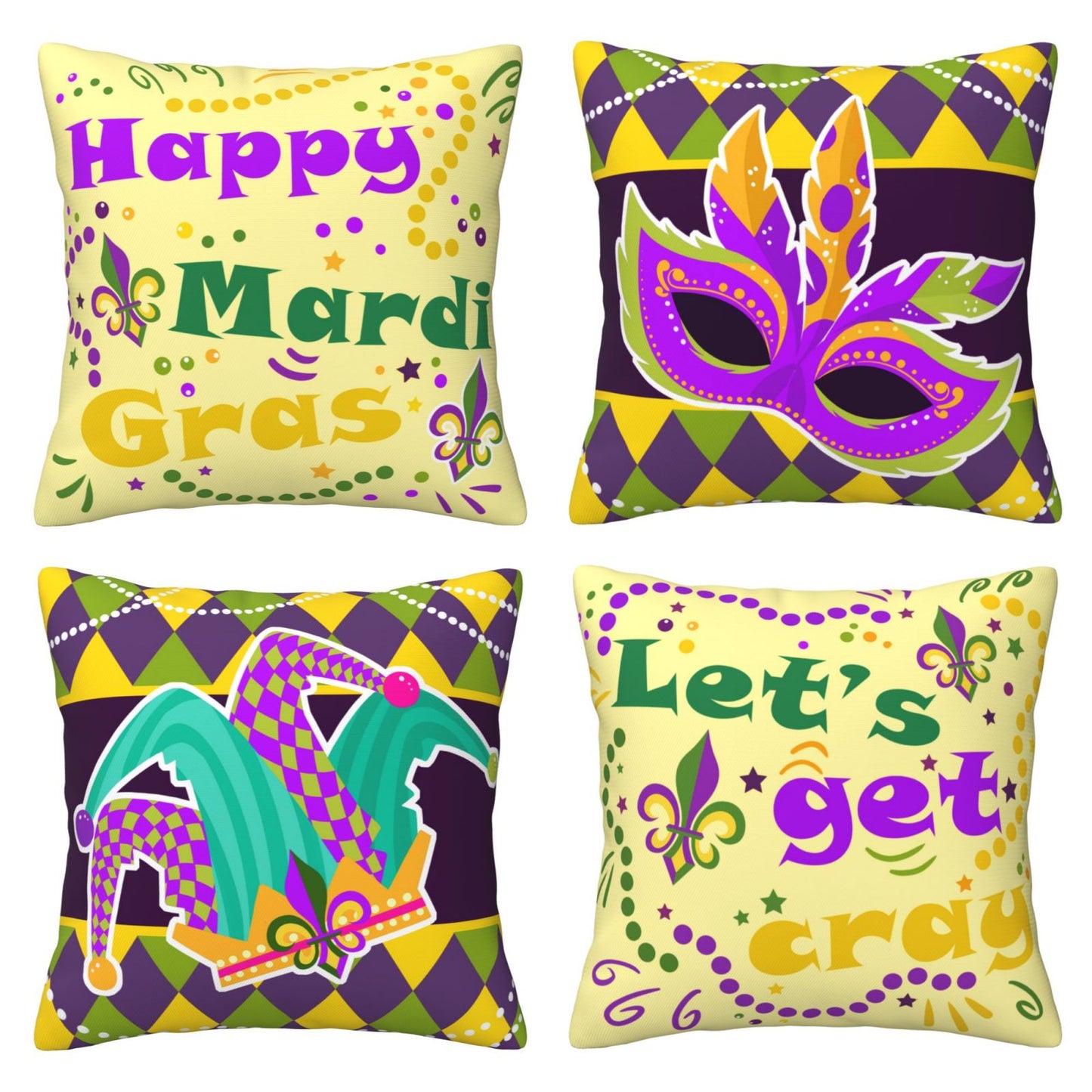 Mardi Gras Throw Pillow Covers 18x18 inch Set of 4 Carnival Jester Hats Cushion Covers for Sofa Couch