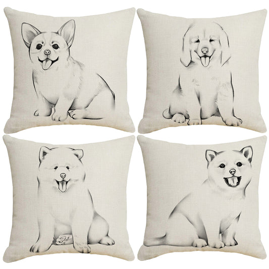 Dog Throw Pillow Covers 18x18 inch Set of 4 Animal Painting Cushion Covers for Sofa Couch