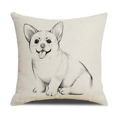 Linen-look polyester pillow cover with smiling corgi in minimal black line art, shown on white