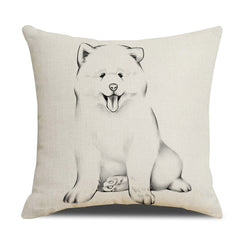 Linen-look polyester pillow cover with fluffy sitting dog in minimal black line art, shown on white