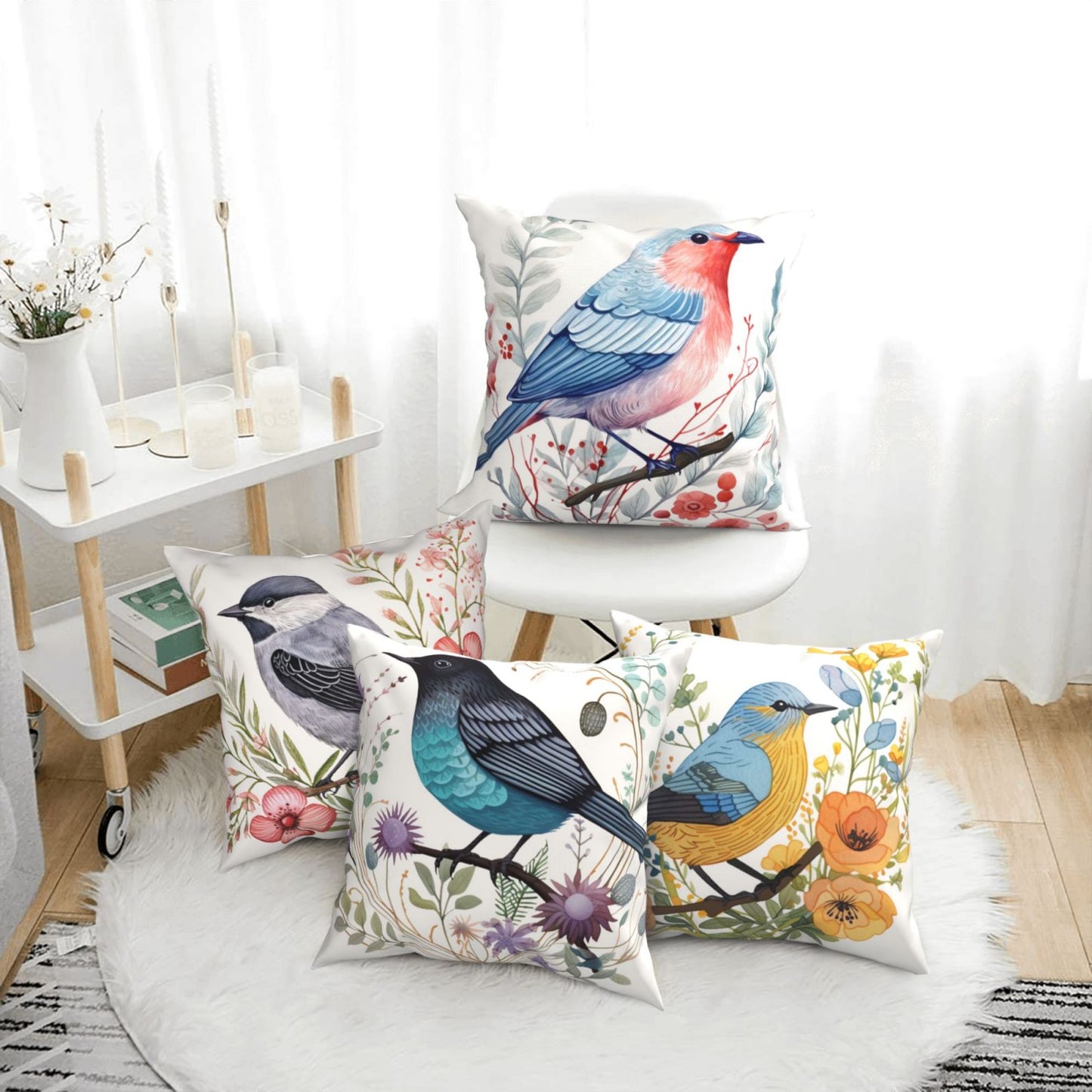 Bird Floral Throw Pillow Covers 18x18 inch Set of 4 Farmhouse Decorative Cushion Covers for Sofa Couch