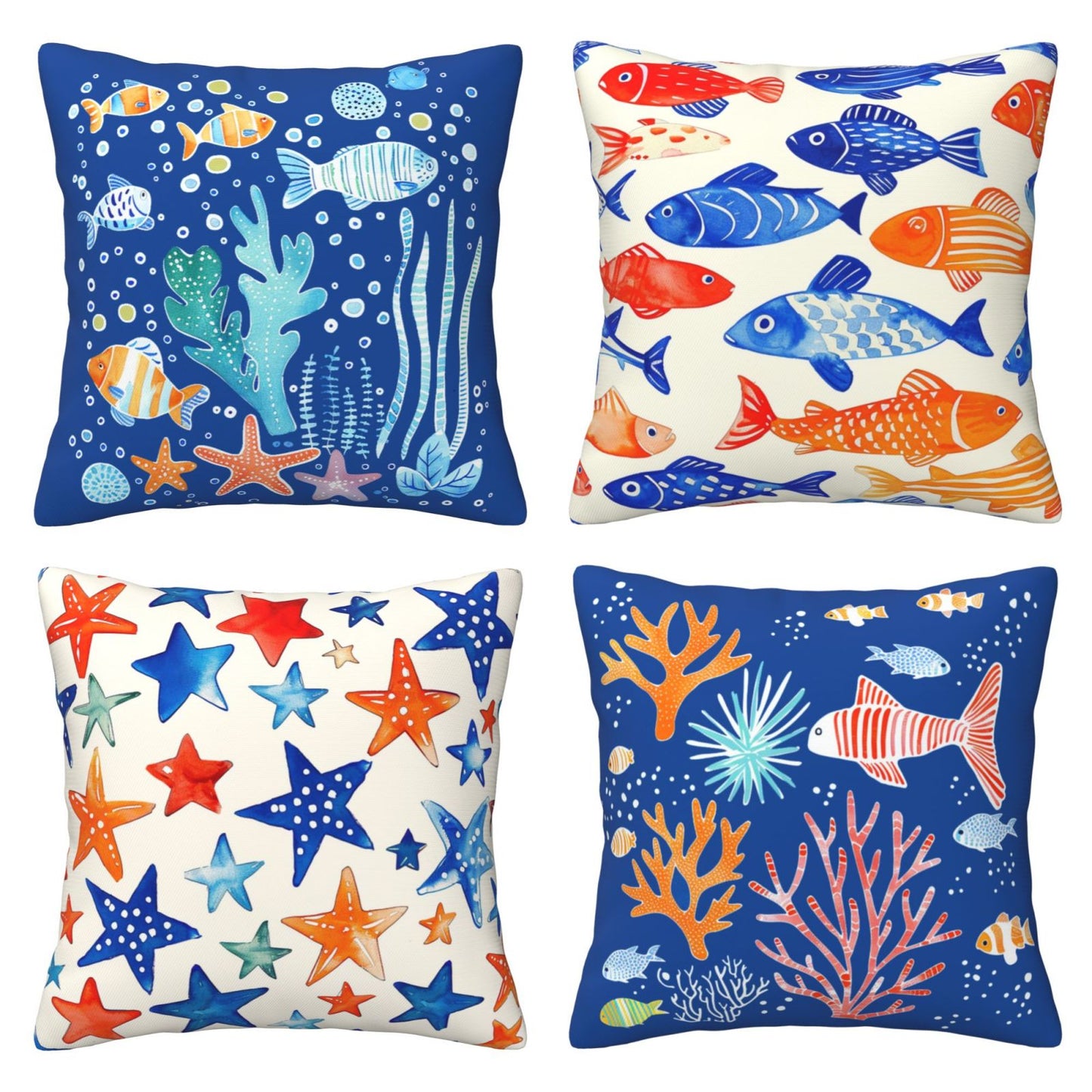 Coastal Throw Pillow Covers 18x18 inch Set of 4 Sea Fish Cushion Covers for Sofa Couch