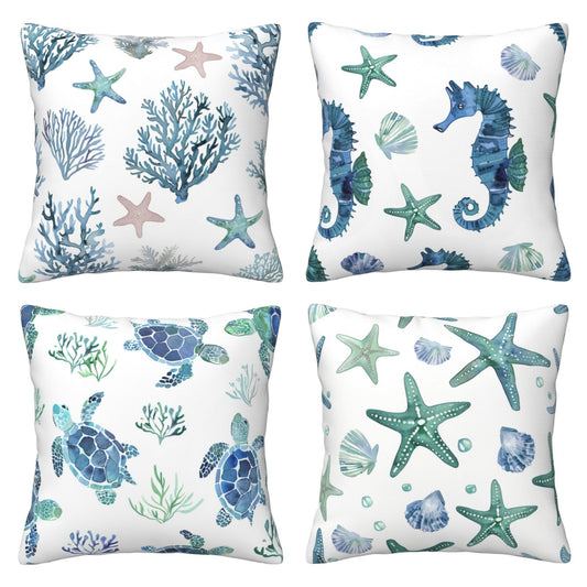 Sea Throw Pillow Covers 18x18 inch Set of 4 Sea Star Turtle Cushion Covers for Sofa Couch Living Room