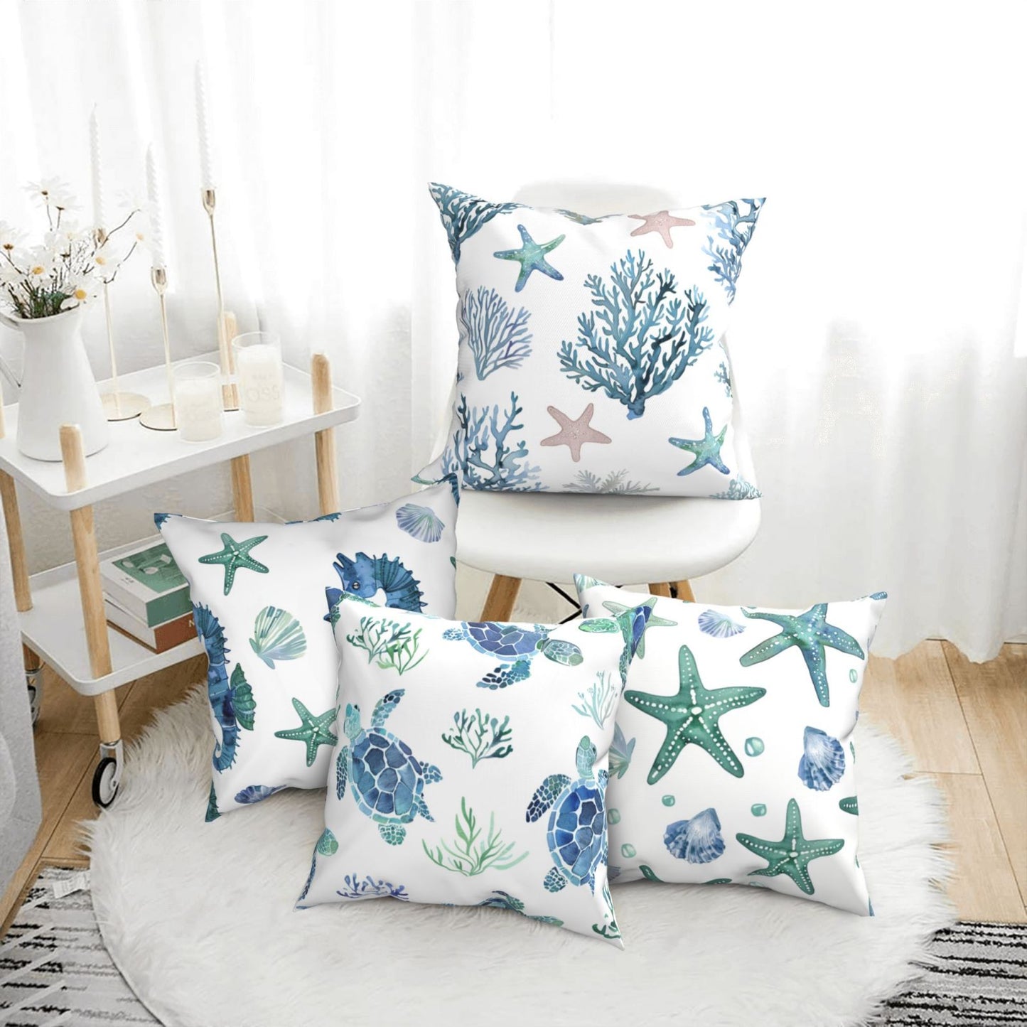 DHSMP-S5,HOSTECCO Sea Throw Pillow Covers 18x18 inch Set of 4 Sea Star Turtle Pillow Cases for Sofa Couch Living Room