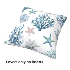 Short-pile plush polyester pillow cover with blue coral and pastel starfish print, shown on white