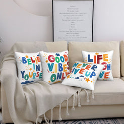 short-pile plush polyester pillow covers with colorful inspirational classroom quotes, styled on a cream sofa