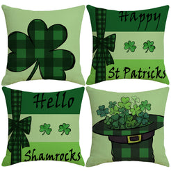 Set of four short-pile plush pillow covers with green gingham shamrocks and St Patrick text