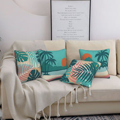 Summer short-pile plush pillow covers with teal tropical leaves and sunset scenes, styled on a sofa