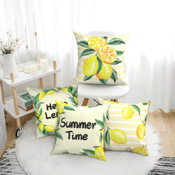 Hidden zipper and short-pile plush detail on a pillow cover with lemons, leaves and summer quotes