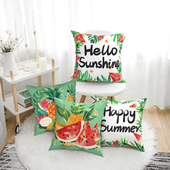Summer short-pile plush pillow covers with tropical fruit and summer quotes, styled in a bright room