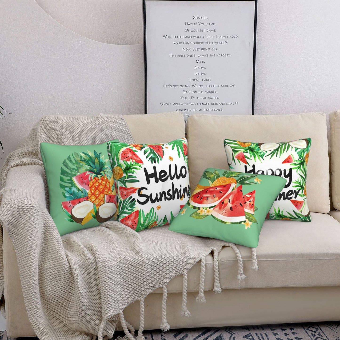 Summer Throw Pillow Covers 18x18 inch Set of 4 Leaves Fruit Decorative Cushion Covers for Sofa Couch