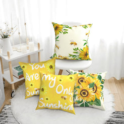 Summer short-pile plush pillow covers with sunflowers and sunshine quotes, styled in a bright room