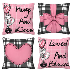 Set of four short-pile plush pillow covers with pink bows, plaid hearts and romantic sayings