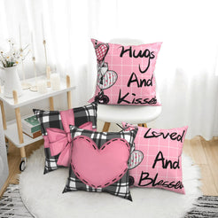 Short-pile plush pillow covers with pink bows, plaid hearts and romantic sayings, styled in a bright room