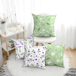 short-pile plush polyester pillow covers with white daisies and purple lavender prints, arranged beside a white chair
