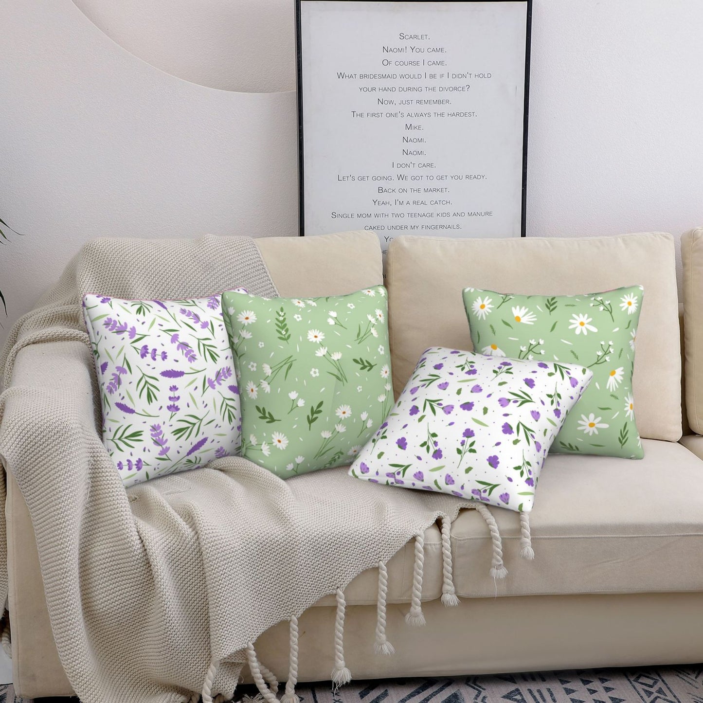 DHSZP-S4,HOSTECCO Spring Floral Throw Pillow Covers 18x18 inch Set of 4 Daisy Lavender Pillow Cases for Sofa Couch