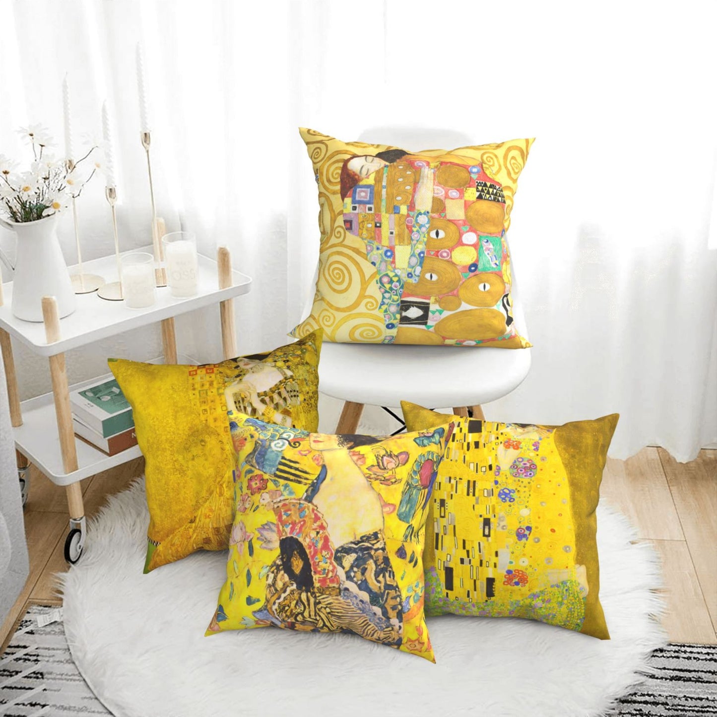 Gustav Klimt Pillow Covers Set of 4 Painting The Kiss Cushion Covers for Sofa Couch Bed 18x18 Inches