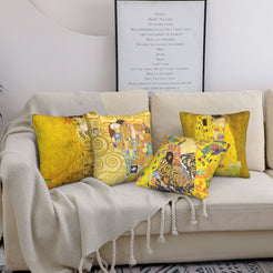 velvet polyester pillow covers with gold Art Nouveau portraits and mosaic patterns, styled on a cream sofa