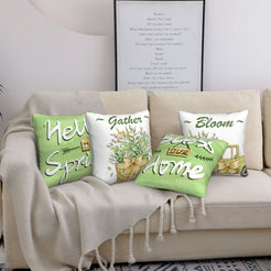 Short-pile plush pillow covers with green spring sayings and flower baskets, styled on a cream sofa