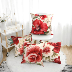 Short-pile plush pillow covers with large red chinoiserie flowers, styled in a bright room