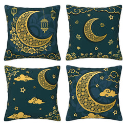 Set of four Ramadan short-pile plush pillow covers with dark teal crescent moons, lanterns and Islamic motifs